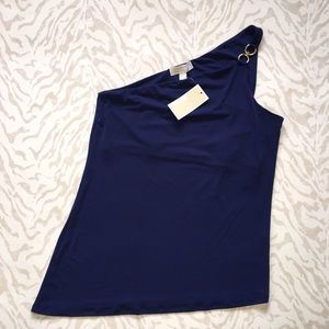 Michael Kors Navy Asymmetrical One-Shoulder Top
